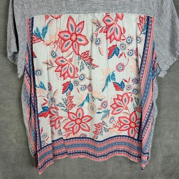 J Jill Top Womens Extra Large Blue Striped Floral Short Sleeve Linen Resort - Picture 5 of 13
